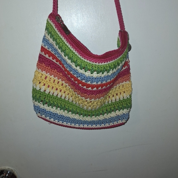 Vintage The Sak Multi Color Striped Crocheted Crossbody Purse Zipper Boho Chic - Picture 4 of 5